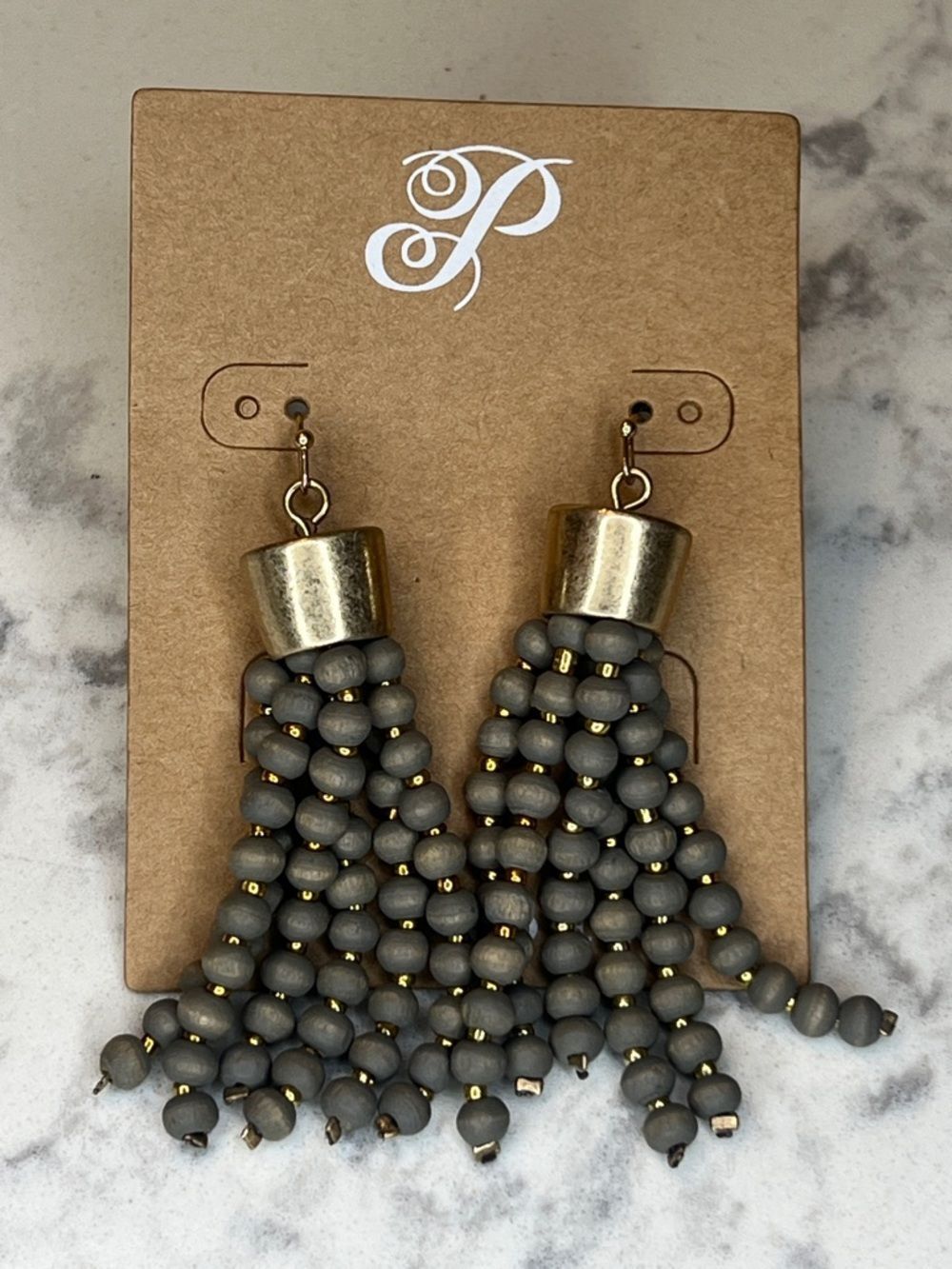 Beaded Tassel Drop Earrings in Gray and Gold